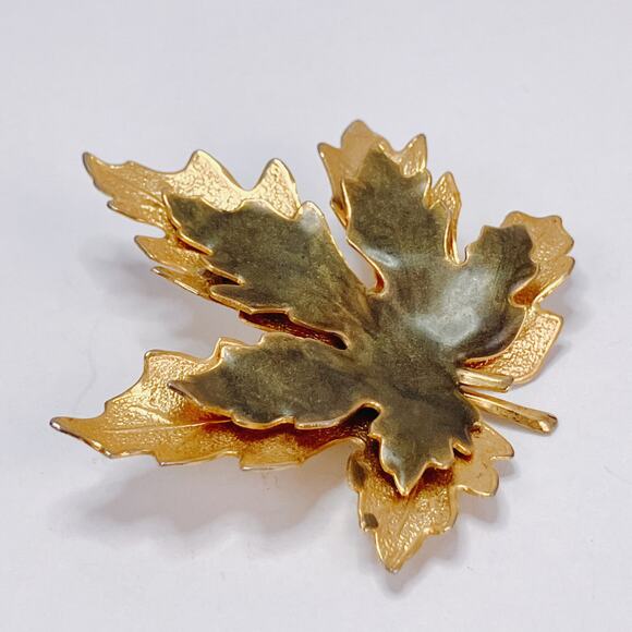 Vintage Gold Tone Maple Leaf Brooch Green Enamel Mid Century Autumn Fall Jewelry - Picture 4 of 11